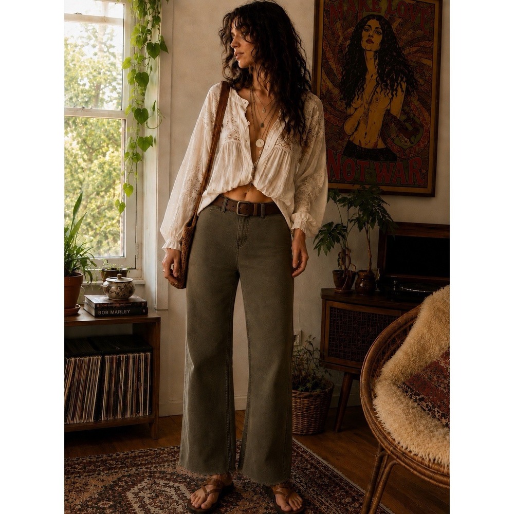 Miou Muse Olive Wide Leg Jeans S Indie Boho Hippie Festival Raw Hem Cottagecore